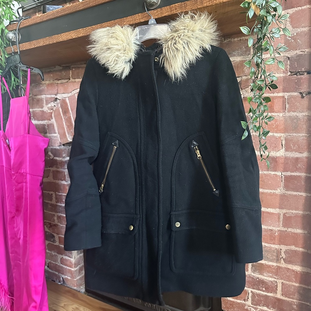 J. CREW Chateau Parka Wool Faux Fur Coat, Size 6 Black Stadium Cloth Nello Gori - Picture 5 of 10